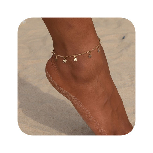 Cheville Femme Argentée – Breloque Love Star Ball, Chaîne Perlée, 8+2 Pouces